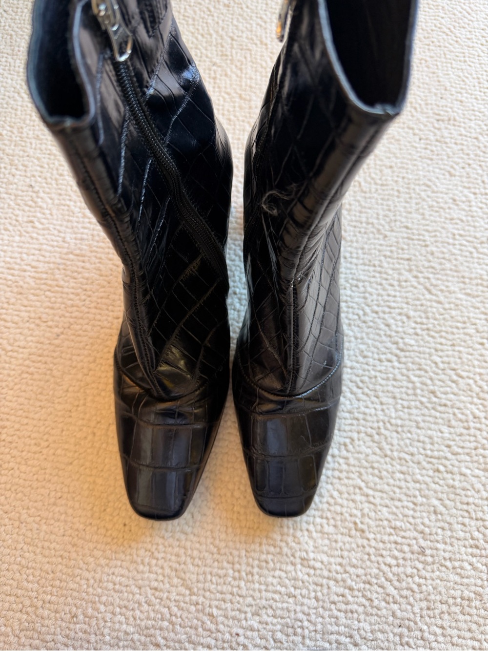 L'INTERVALLE Black Leather Croc-Embossed Square-Toe Mid-Calf Boots